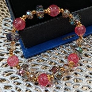 Pink Crystal Bead Stretch Bracelet - Gold Accents - ⭐ GOOD LUCK CHARM BRACELET ⭐